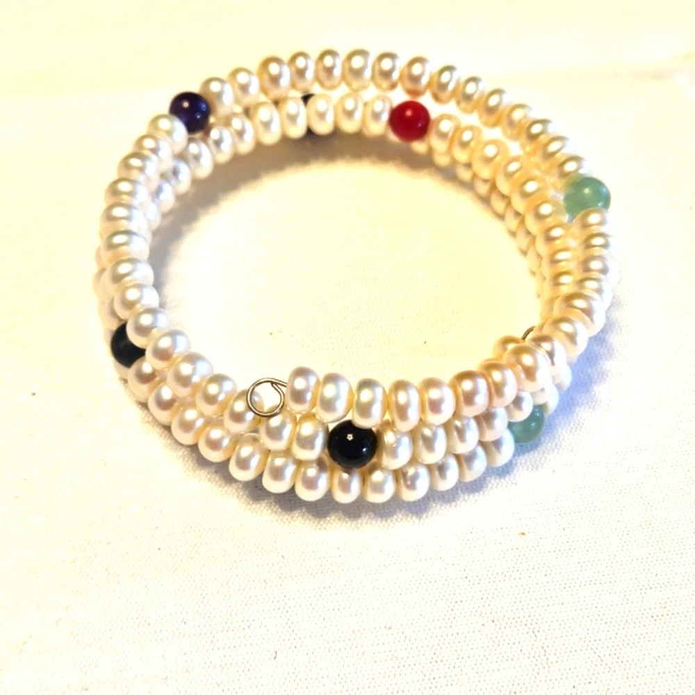 Button Pearl Colorful Gemstone Bangle Wrap Bracelet